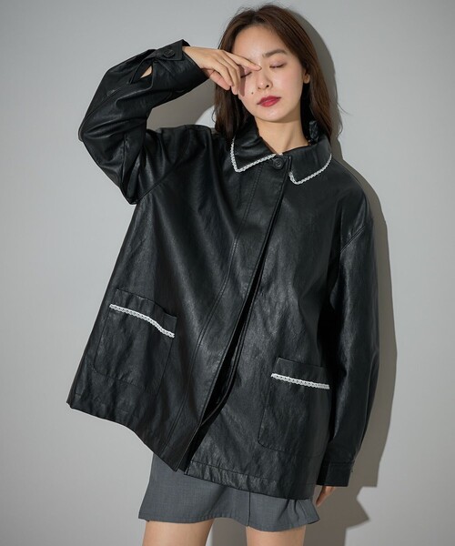 PUBLUX（パブリュクス）の「PUBLUX/パブリュクス レース付フェイクレザージャケット　限定展開（その他アウター・レディース・ブラック・ﾌﾘ-）」の6枚目の写真