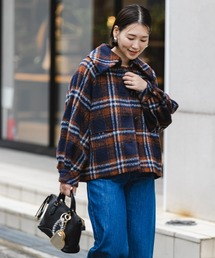 F by ROSSO　シャギーチェックビッグカラーコート