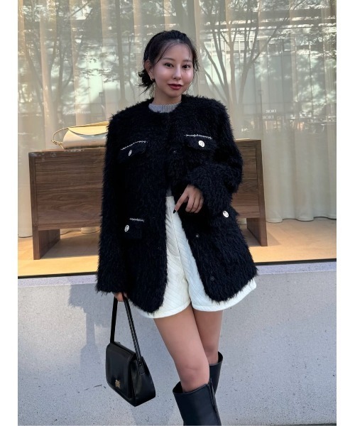 ジャケット・アウター  Faux Fur Coat black / Her lip to Her lip to（ハーリップトゥー）の「Royal Faux Fur Coat（ノーカラー