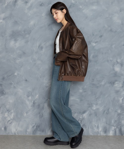 Starting Over（スターティングオーバー）の「Vintage-like synthetic leather MA-1 blouson/ヴィンテージライク PUレザー MA-1 ブルゾン（MA-1・メンズ・ブラック/ブラウン系その他/ブラック系その他/ブラウン・M/L/XL）」の16枚目の写真