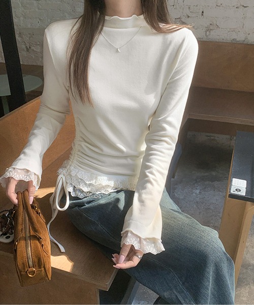 tシャツ フリルレースシャーリングリボントップス レディース フリルレースシャーリングリボントップス（Tシャツ/カットソー