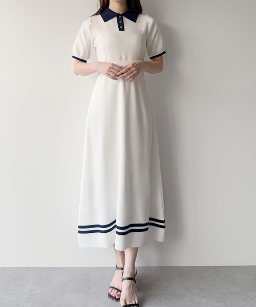 リボン付きポロニットセミフレアワンピース【一部ペチスカート