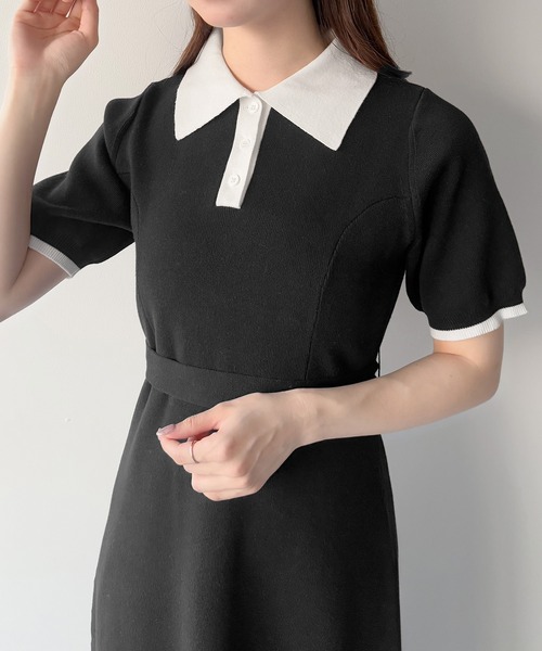 リボン付きポロニットセミフレアワンピース【一部ペチスカート