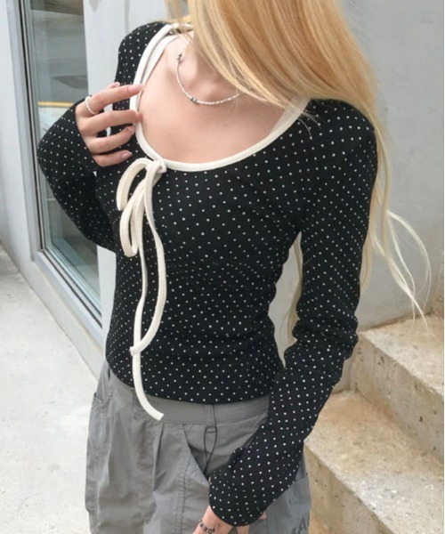 gossip!ロサンゼルス(ゴシップロサンゼルス)の「Y2K ドットロングスリーブTシャツ(Tシャツ/カットソー・レディース・ブラック/オフホワイト・FREE)」の2枚目の写真