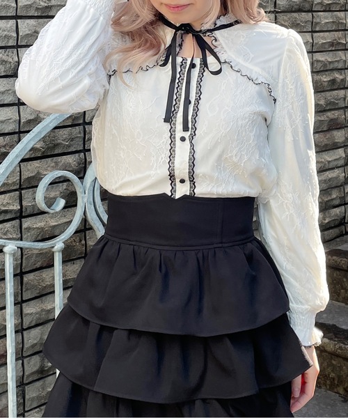 abc une face（アーベーセーアンフェイス）の「レースリボンブラウス（シャツ/ブラウス・レディース・ブラック/ホワイト/グレー・FREE）」の4枚目の写真