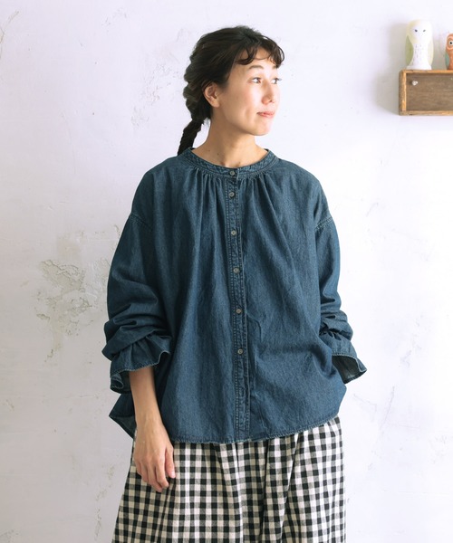 soulberry(ソウルベリー)の「デニムなフリル袖のブラウス(シャツ/ブラウス・レディース・ネイビー・L/M/5L/4L/3L/LL)」の11枚目の写真