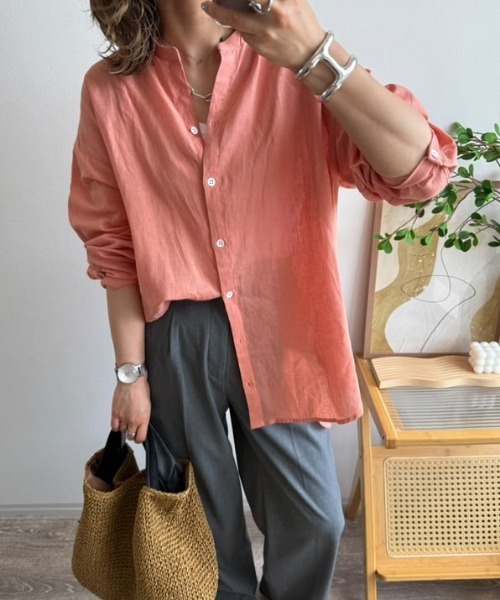 LBC（エルビーシー）の「リネンコットンバンドカラーシャツ（シャツ/ブラウス・レディース・チャコールグレー/ライトブルー/オレンジ/ホワイト/グリーン・M）」の5枚目の写真