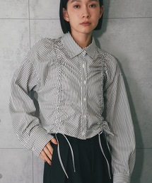 フロントシャーリングショートストライプブラウス
