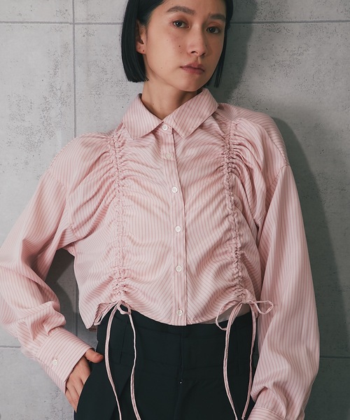 ANOTHER S(アナザーエス)の「フロントシャーリングショートストライプブラウス(シャツ/ブラウス・レディース・ブルー系その他/ブラック×ホワイト/ピンク/ブルー/オフホワイト/ホワイト×ブラック・FREE)」の6枚目の写真