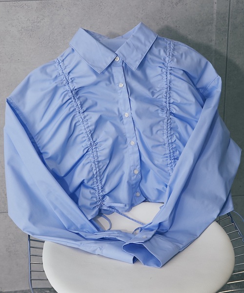 ANOTHER S(アナザーエス)の「フロントシャーリングショートストライプブラウス(シャツ/ブラウス・レディース・ブルー系その他/ブラック×ホワイト/ピンク/ブルー/オフホワイト/ホワイト×ブラック・FREE)」の4枚目の写真