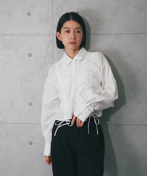 ANOTHER S(アナザーエス)の「フロントシャーリングショートストライプブラウス(シャツ/ブラウス・レディース・ブルー系その他/ブラック×ホワイト/ピンク/ブルー/オフホワイト/ホワイト×ブラック・FREE)」の22枚目の写真