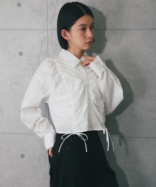 ANOTHER S(アナザーエス)の「フロントシャーリングショートストライプブラウス(シャツ/ブラウス・レディース・ブルー系その他/ブラック×ホワイト/ピンク/ブルー/オフホワイト/ホワイト×ブラック・FREE)」の21枚目の写真