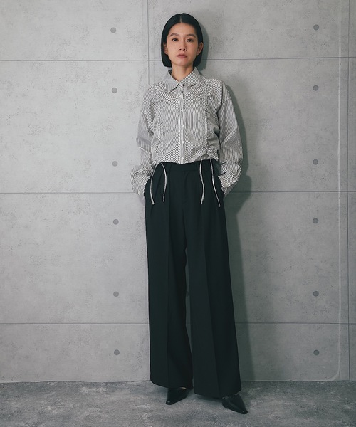 ANOTHER S(アナザーエス)の「フロントシャーリングショートストライプブラウス(シャツ/ブラウス・レディース・ブルー系その他/ブラック×ホワイト/ピンク/ブルー/オフホワイト/ホワイト×ブラック・FREE)」の14枚目の写真