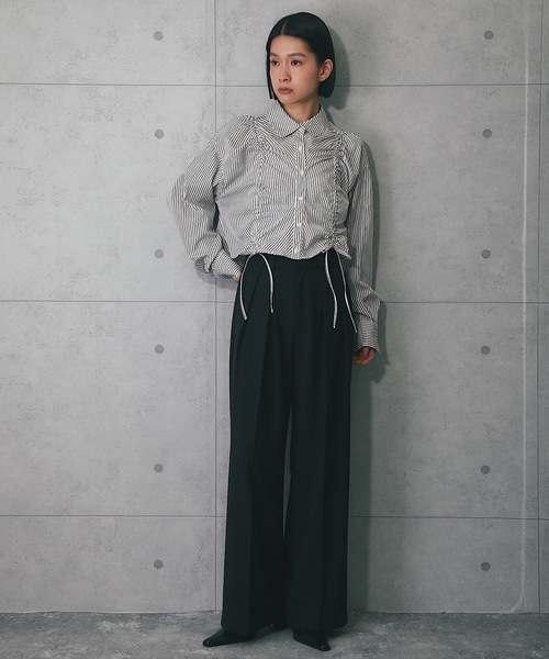 ANOTHER S(アナザーエス)の「フロントシャーリングショートストライプブラウス(シャツ/ブラウス・レディース・ブルー系その他/ブラック×ホワイト/ピンク/ブルー/オフホワイト/ホワイト×ブラック・FREE)」の12枚目の写真