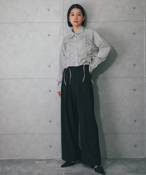 ANOTHER S(アナザーエス)の「フロントシャーリングショートストライプブラウス(シャツ/ブラウス・レディース・ブルー系その他/ブラック×ホワイト/ピンク/ブルー/オフホワイト/ホワイト×ブラック・FREE)」の10枚目の写真