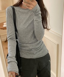 【カラー×サイズ展開あり】 くしゅ袖 着まわし ロンT 無地 クルーネック 長袖カットソー レイヤードトップス