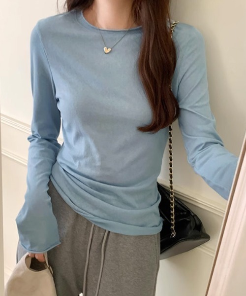 COCOMOMO(ココモモ)の「【カラー×サイズ展開あり】 くしゅ袖 着まわし ロンT 無地 クルーネック 長袖カットソー レイヤードトップス(Tシャツ/カットソー・レディース・ホワイト/ライトブルー/ブラック/パープル系/イエロー/ピンク/ライトグレー・M/S)」の17枚目の写真