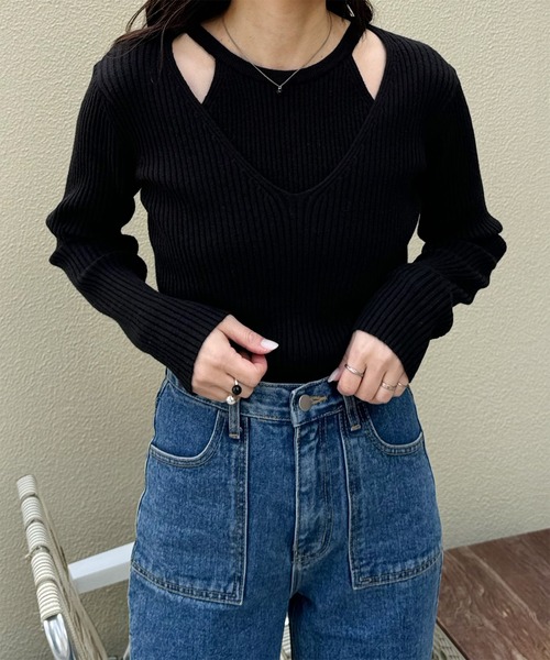 LE MORE(リモア)の「ショルダースリットデザインニット(ニット/セーター・レディース・アイボリー/ブラック・FREE)」の4枚目の写真