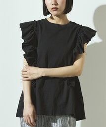 Firsthand/ファーストハンド オーガニックコットン フリルトップス / 肩フリルデザイントップス / バックスリットフレンチスリーブTシャツ