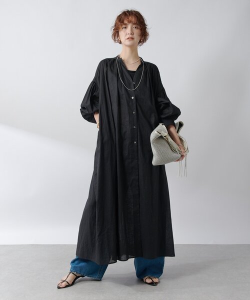 リヴドロワ リネンレーヨンギャザーワンピース ブラック フリーサイズ セール】【Yossshiiii企画】コットンリネンギャザーシャツ