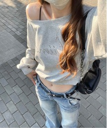 COMON＋（コモンプラス）の「ラインストーンデザイン ボートネック クロップド丈 サマースウエットシャツ（Tシャツ/カットソー）」
