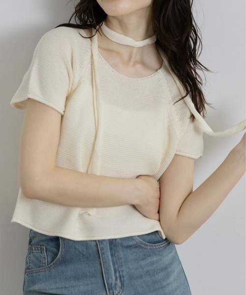 Lunea（ルネア）の「タイ付きサマーニットトップス（Tシャツ/カットソー・レディース・ナチュラル/ブラック/ライトブルー/ホワイト/ライトグレー・FREE）」の2枚目の写真