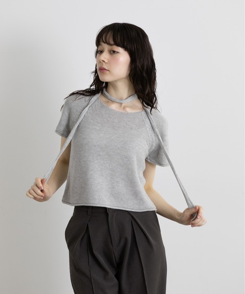 Lunea（ルネア）の「タイ付きサマーニットトップス（Tシャツ/カットソー・レディース・ナチュラル/ブラック/ライトブルー/ホワイト/ライトグレー・FREE）」の14枚目の写真