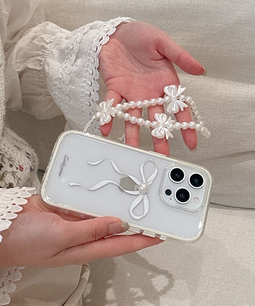 クリア 小花柄 バラ リボン パールストラップ 韓国 iPhoneケース