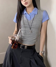 AsheKsha（アシクシャ）の「【新作】アカデミースタイル ポロ襟 Vネックショートシャツ（正肩フィット・フェイク2WAY）（Tシャツ/カットソー）」