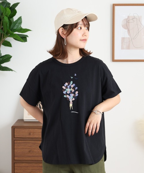 tシャツ EMAGO 風船とキリン刺繍ドルマンＴ レディース EMAGO 風船とキリン刺繍ドルマンT（Tシャツ/カットソー