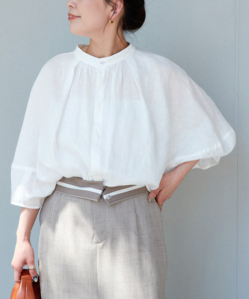 B.C STOCK（ベーセーストック）の「《追加6》手洗い可 / フレンチリネン2wayブラウス（シャツ/ブラウス・レディース・カーキ/ピンク/ホワイト/ブラックミックス/ブルー・FREE）」の2枚目の写真