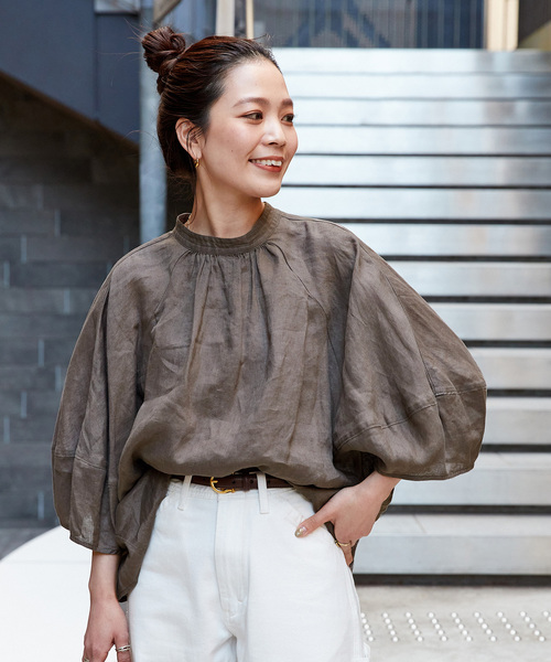 B.C STOCK（ベーセーストック）の「《追加6》手洗い可 / フレンチリネン2wayブラウス（シャツ/ブラウス・レディース・カーキ/ピンク/ホワイト/ブラックミックス/ブルー・FREE）」の4枚目の写真