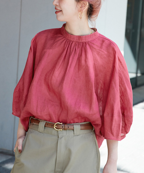 B.C STOCK（ベーセーストック）の「《追加6》手洗い可 / フレンチリネン2wayブラウス（シャツ/ブラウス・レディース・カーキ/ピンク/ホワイト/ブラックミックス/ブルー・FREE）」の5枚目の写真