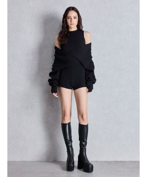 セール】アームギャザーレイヤードニットロンパース（つなぎ