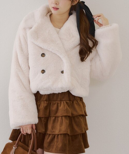 アイボリー ファー風ショートジャケット セール】ラビット風ファーショートジャケット（その他アウター