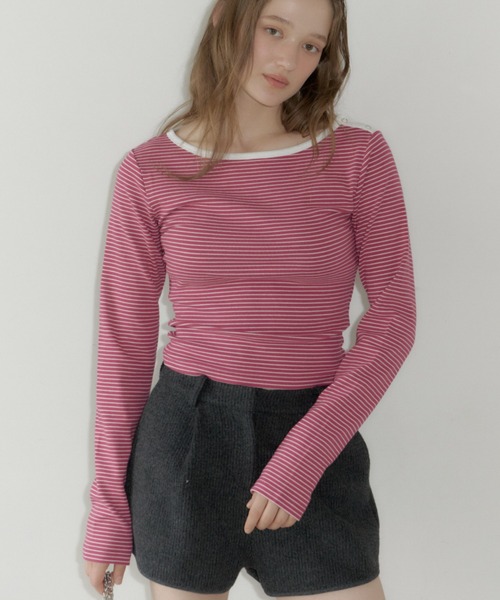 GIUNON（ジウノン）の「boat neck border long-t / ボートネックボーダーロンT（Tシャツ/カットソー・レディース・ピンク/グレー/ブラック・FREE）」の3枚目の写真