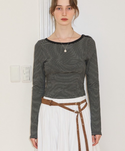 GIUNON（ジウノン）の「boat neck border long-t / ボートネックボーダーロンT（Tシャツ/カットソー・レディース・ピンク/グレー/ブラック・FREE）」の2枚目の写真