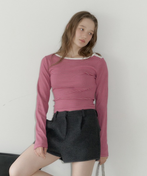 GIUNON（ジウノン）の「boat neck border long-t / ボートネックボーダーロンT（Tシャツ/カットソー・レディース・ピンク/グレー/ブラック・FREE）」の8枚目の写真