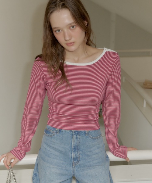 GIUNON（ジウノン）の「boat neck border long-t / ボートネックボーダーロンT（Tシャツ/カットソー・レディース・ピンク/グレー/ブラック・FREE）」の9枚目の写真