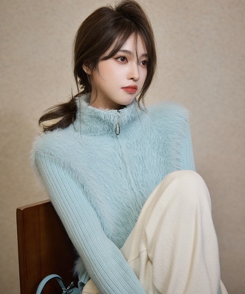 Mejoul（メジュール）の「【2025秋冬新作】リブ切替ハイネックシャギーニット カーディガン（ニット/セーター・レディース・ブルー/ブラック/パープル/イエロー/ベージュ/ホワイト・F）」の11枚目の写真