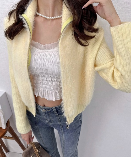 Mejoul（メジュール）の「【2025秋冬新作】リブ切替ハイネックシャギーニット カーディガン（ニット/セーター・レディース・ブルー/ブラック/パープル/イエロー/ベージュ/ホワイト・F）」の15枚目の写真