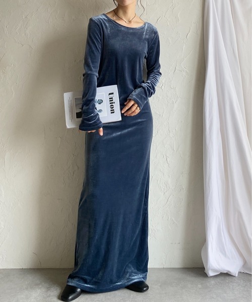 セール】長袖ロング丈バックオープンベロアワンピース（ワンピース