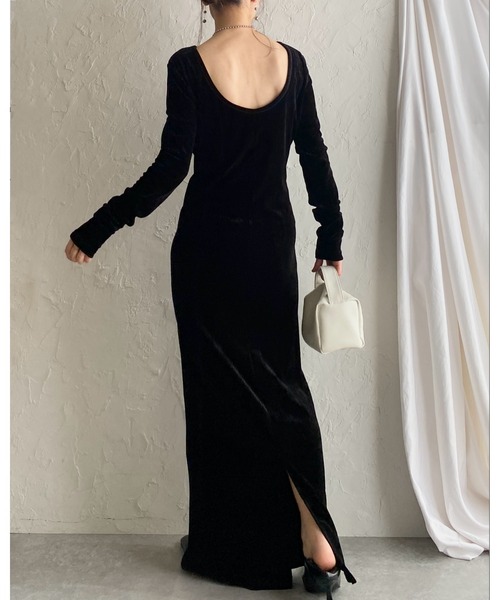 セール】長袖ロング丈バックオープンベロアワンピース（ワンピース