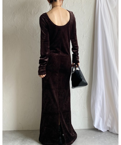 セール】長袖ロング丈バックオープンベロアワンピース（ワンピース