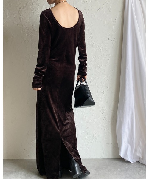セール】長袖ロング丈バックオープンベロアワンピース（ワンピース