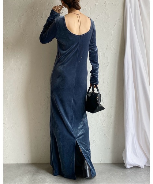 セール】長袖ロング丈バックオープンベロアワンピース（ワンピース