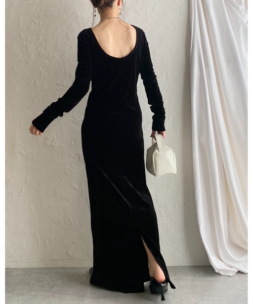 セール】長袖ロング丈バックオープンベロアワンピース（ワンピース