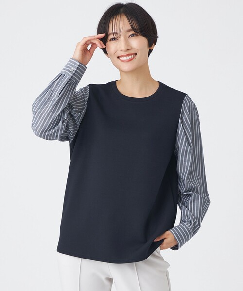 EVEX by KRIZIA(エヴェックスバイクリツィア)の「【ウォッシャブル】ストライプジャカードコンビプルオーバー(Tシャツ/カットソー・レディース・ブルー系その他2/レッド系その他3/ダークネイビー・40)」の2枚目の写真