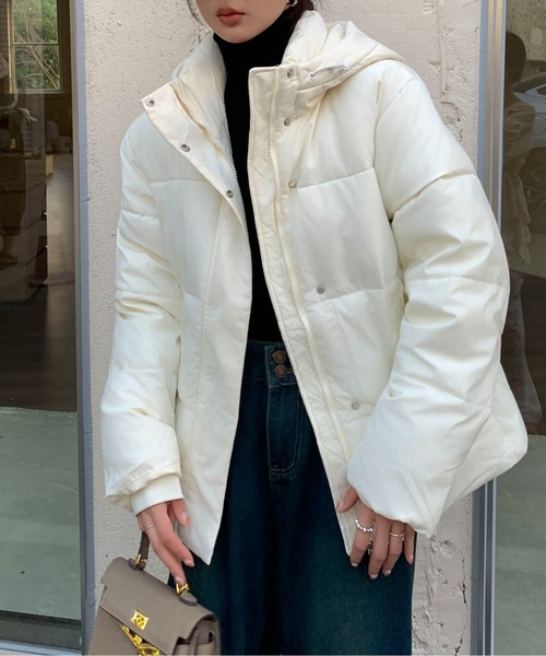 セール】ボリュームフード中綿パテッドブルゾンスタンドカラーフェイク