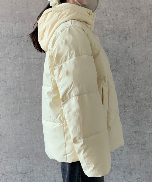 セール】ボリュームフード中綿パテッドブルゾンスタンドカラーフェイク